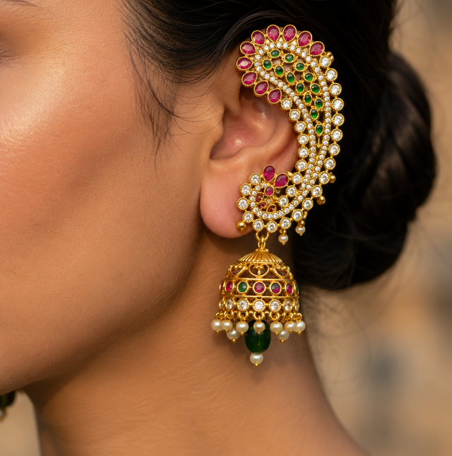 Intricate Gold-Tone Earcuff with Jhumka Design