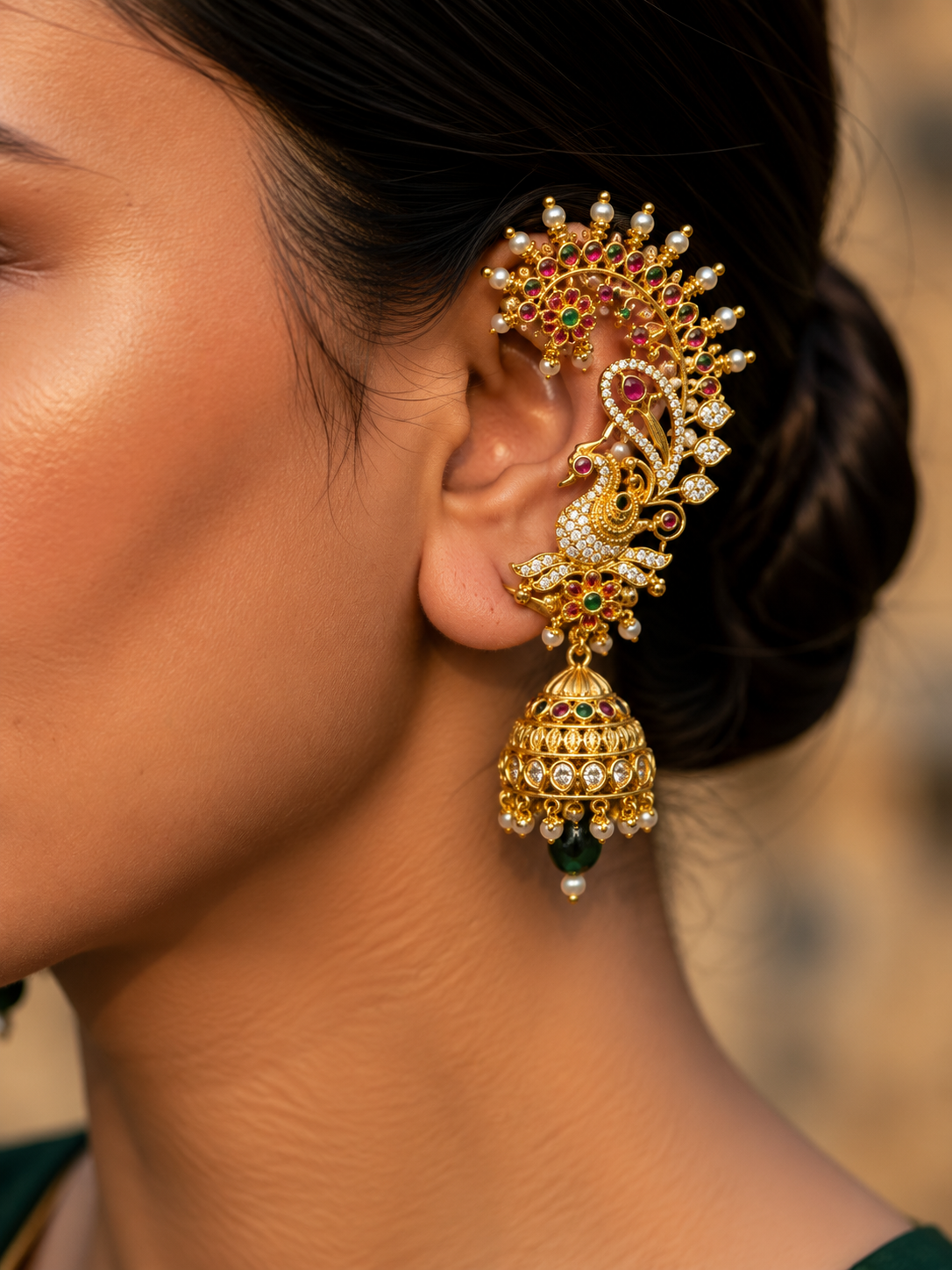 Intricate Peacock Design Earcuff with Jhumka