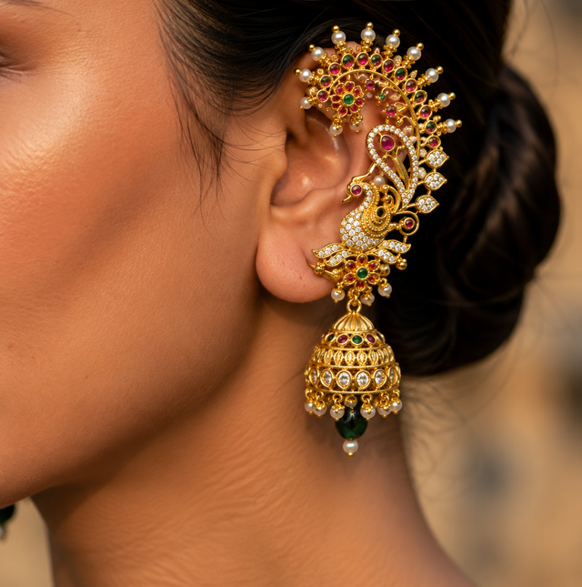Intricate Peacock Design Earcuff with Jhumka