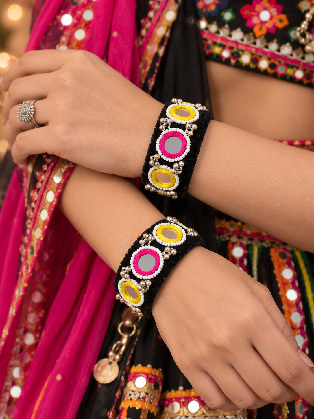 Navratri Black Thread Bracelets with Mirror Work openable (one hand)