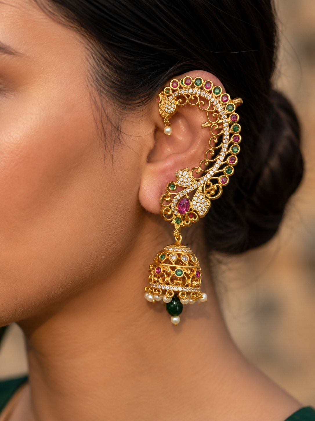 Traditional Gold-Tone Jhumka Earrings with Red and Green Stones