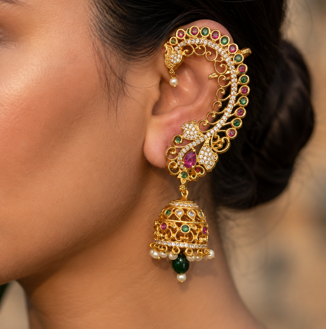 Traditional Gold-Tone Jhumka Earrings with Red and Green Stones
