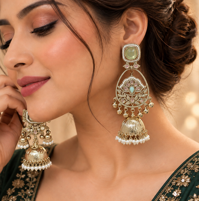 Intricate Jhumka Earrings with Stone and Pearl Detailing