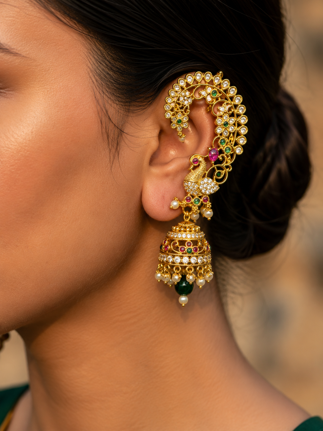 Intricate Gold-Tone Peacock Earcuff with Jhumka