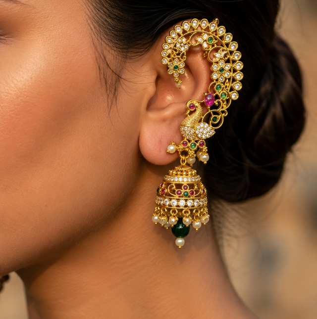 Intricate Gold-Tone Peacock Earcuff with Jhumka