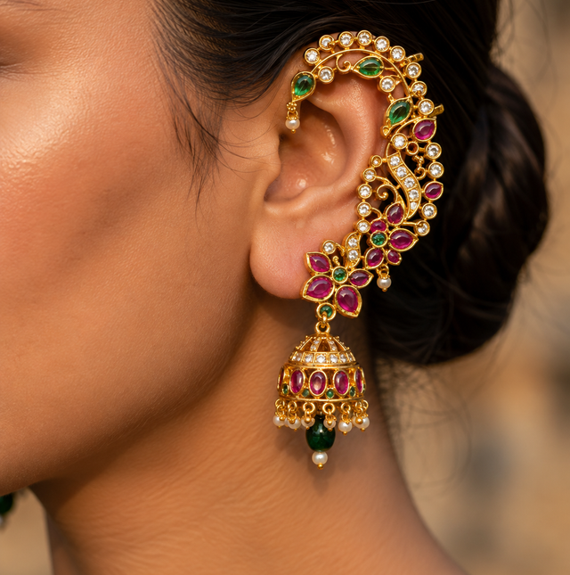 Intricate Gold-Tone Earcuff with Multicolor Stones