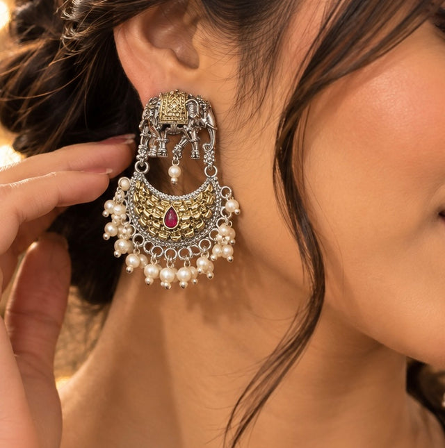 Elephant Motif Pearl Drop Earrings