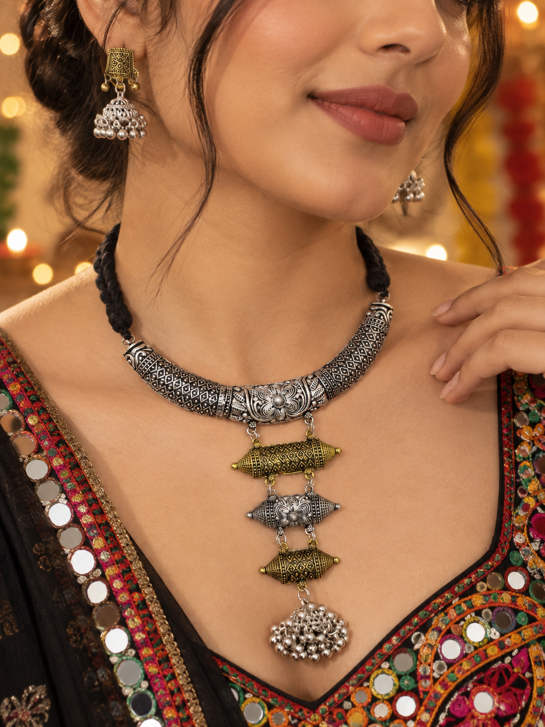 Oxidised Necklace and Earrings Set with Gold Touch