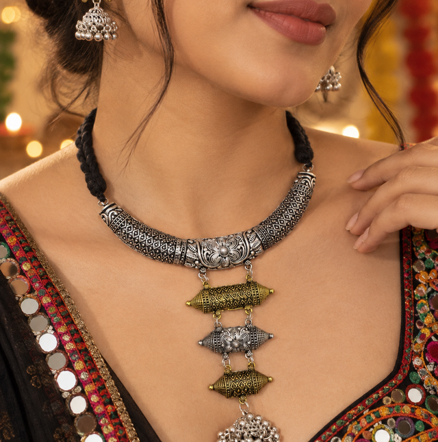 Oxidised Necklace and Earrings Set with Gold Touch