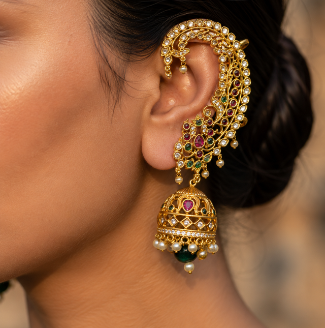 Intricate Gold-Tone Earcuff with Jhumka Design