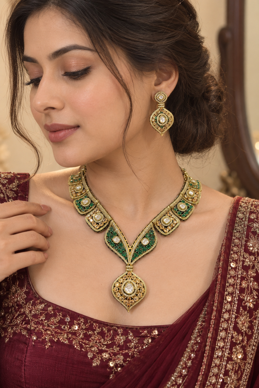 Moissanite Polki Stone Necklace Set with Earrings and Maang Tikka