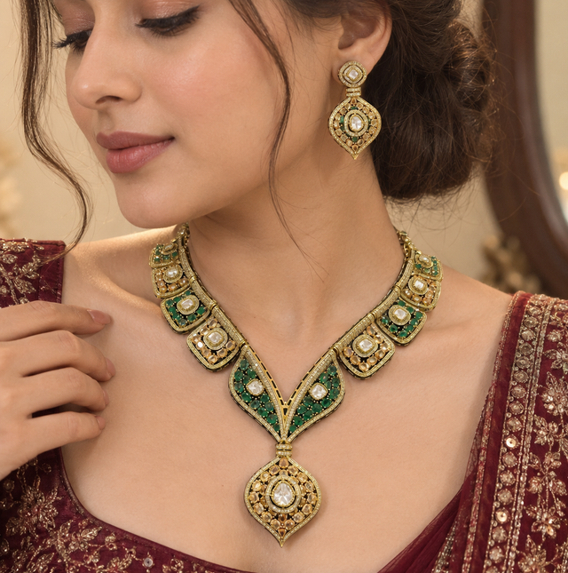 Moissanite Polki Stone Necklace Set with Earrings and Maang Tikka