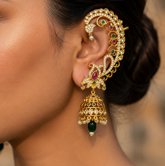 Intricate Gold-Tone Earcuff with Jhumka Design