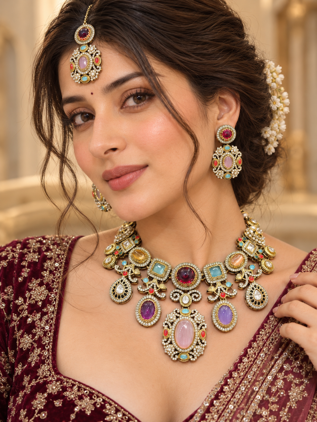Sabyasachi Collection Necklace Set with Earrings and Maang Tikka