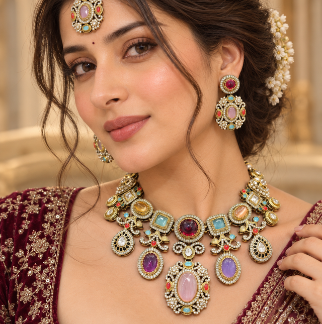Sabyasachi Collection Necklace Set with Earrings and Maang Tikka