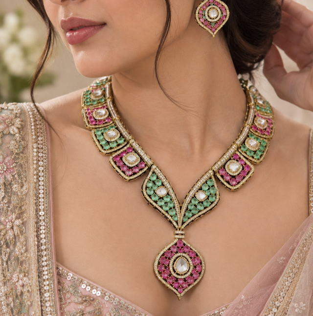Moissanite Polki Stone Necklace, Earrings & Maang Tikka Set