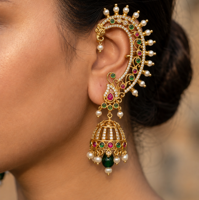 Traditional Indian Jhumka Earrings with Pearls and Colored Stones