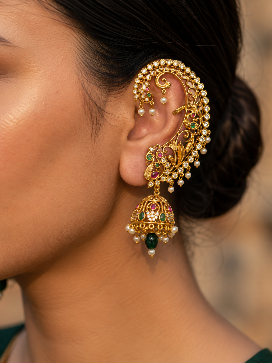Intricate Gold-Tone Earcuff with Jhumka Design