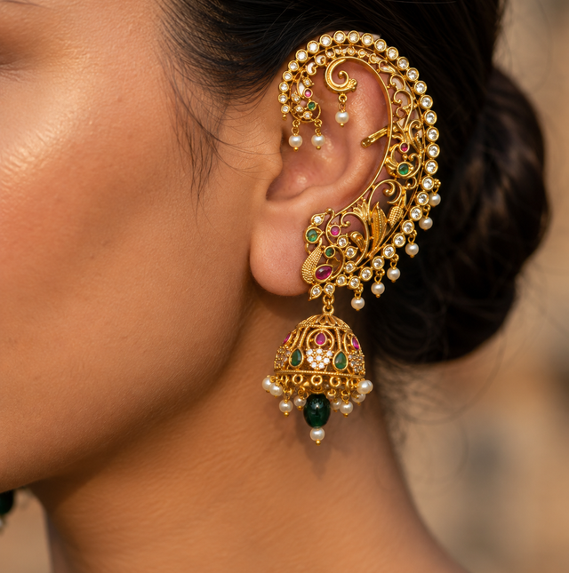 Intricate Gold-Tone Earcuff with Jhumka Design