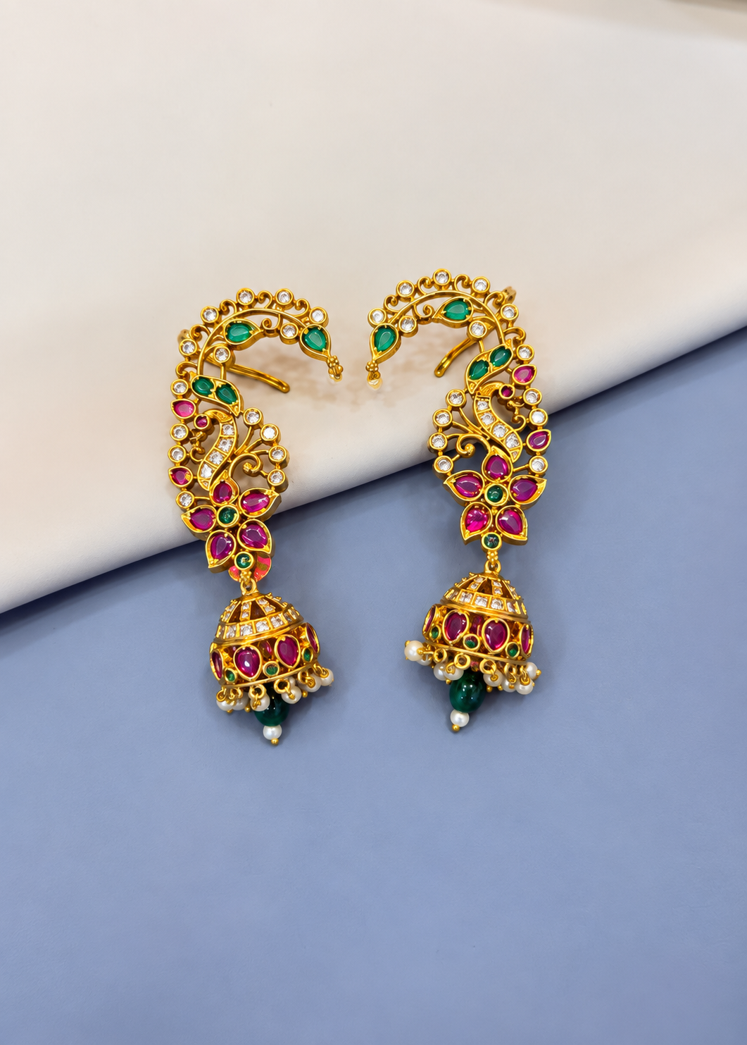 Intricate Gold-Tone Earcuff with Multicolor Stones