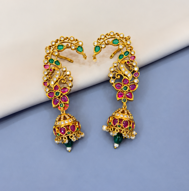 Intricate Gold-Tone Earcuff with Multicolor Stones