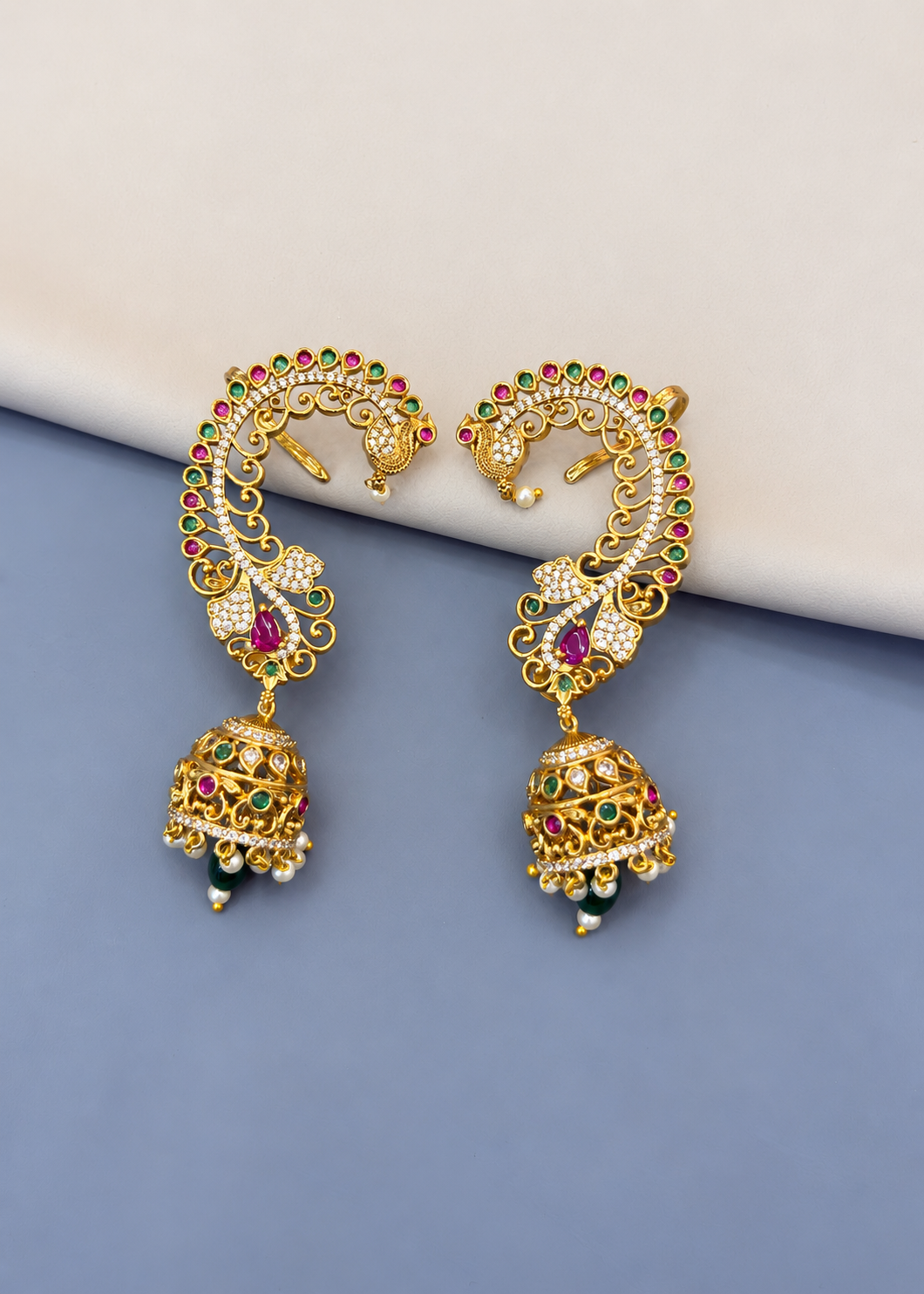 Traditional Gold-Tone Jhumka Earrings with Red and Green Stones