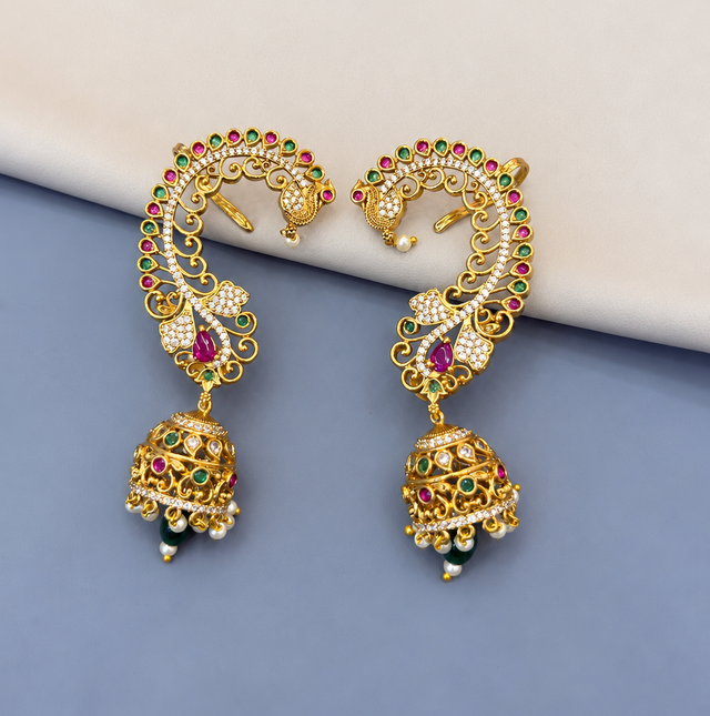 Traditional Gold-Tone Jhumka Earrings with Red and Green Stones