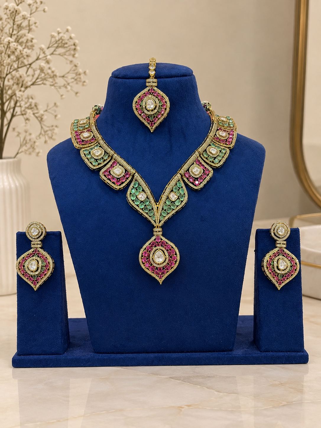 Moissanite Polki Stone Necklace, Earrings & Maang Tikka Set