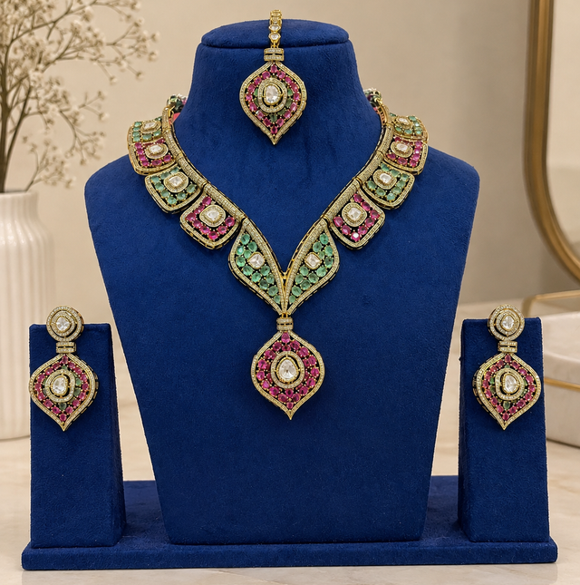 Moissanite Polki Stone Necklace, Earrings & Maang Tikka Set