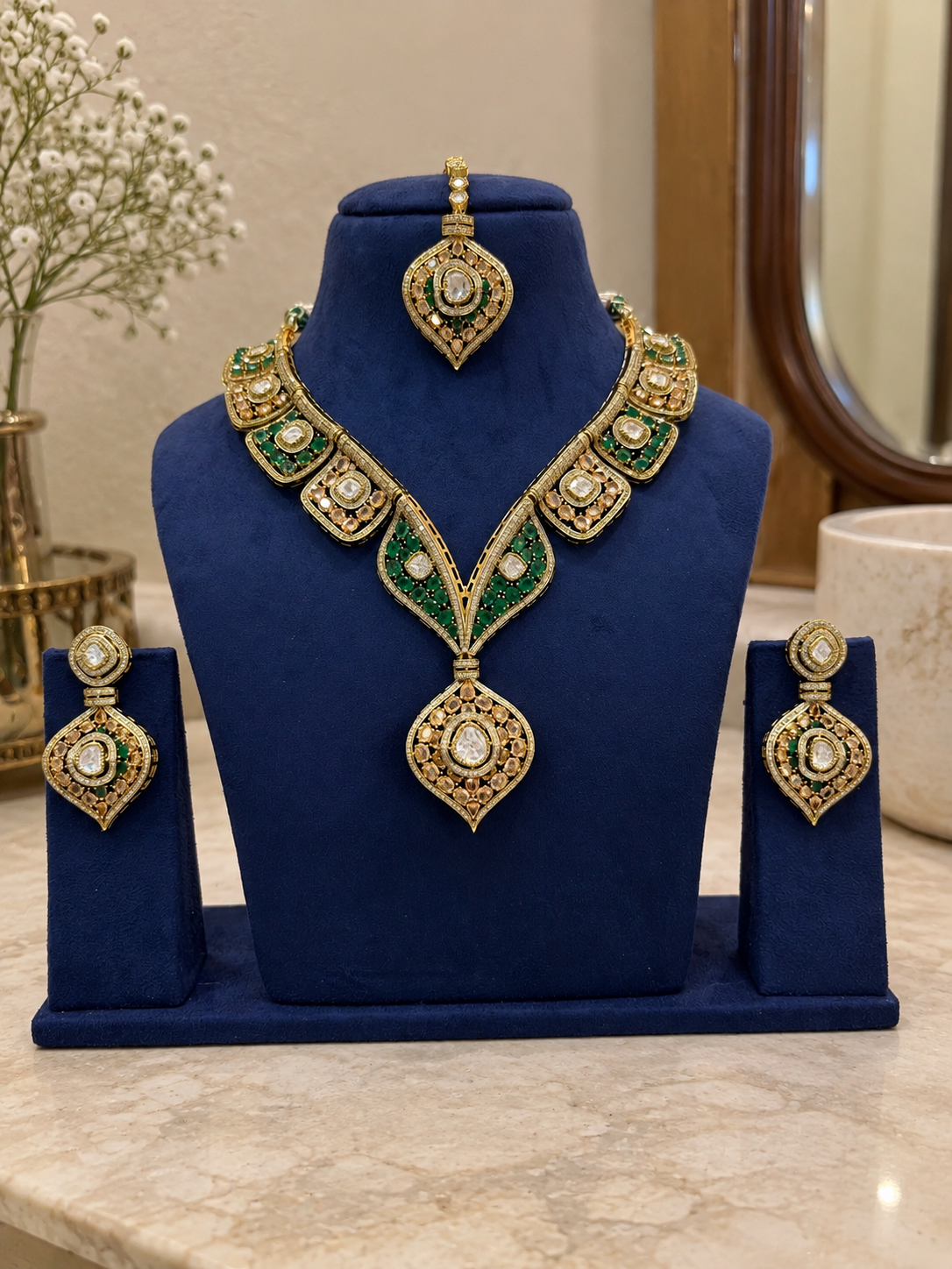 Moissanite Polki Stone Necklace Set with Earrings and Maang Tikka