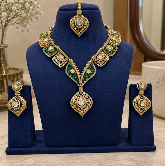 Moissanite Polki Stone Necklace Set with Earrings and Maang Tikka
