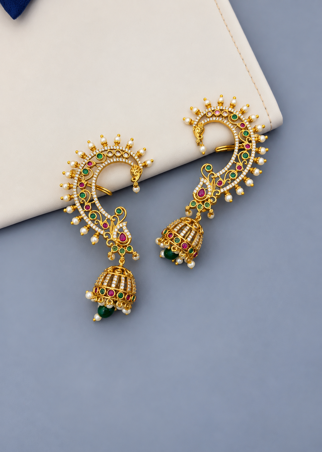 Traditional Indian Jhumka Earrings with Pearls and Colored Stones