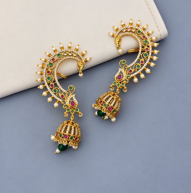 Traditional Indian Jhumka Earrings with Pearls and Colored Stones