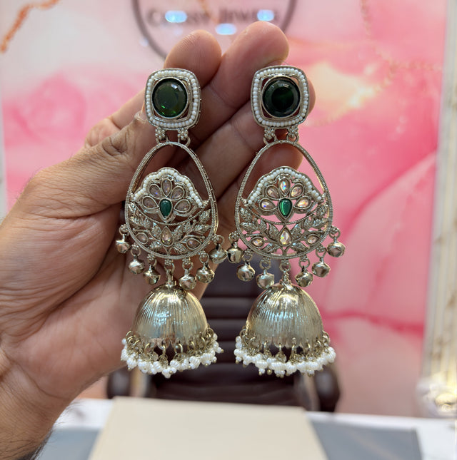 Intricate Jhumka Earrings with Stone and Pearl Detailing