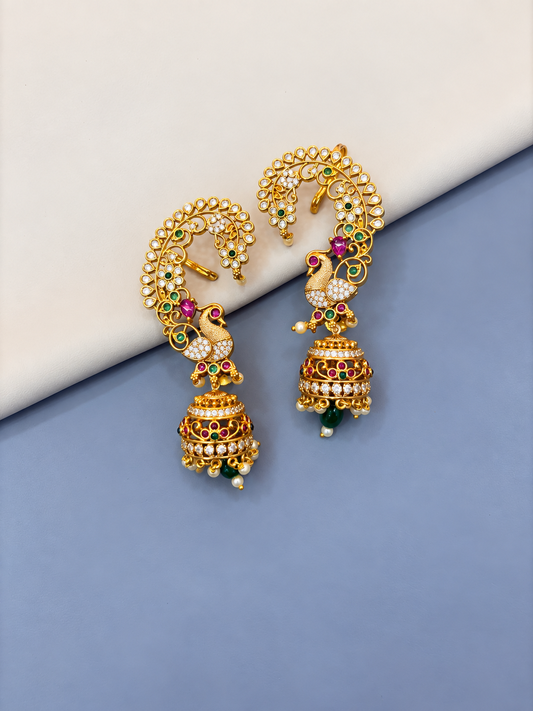 Intricate Gold-Tone Peacock Earcuff with Jhumka