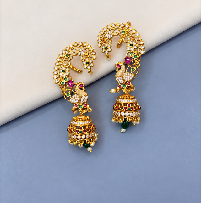Intricate Gold-Tone Peacock Earcuff with Jhumka