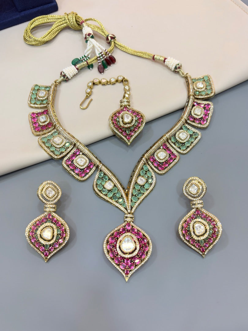 Moissanite Polki Stone Necklace, Earrings & Maang Tikka Set