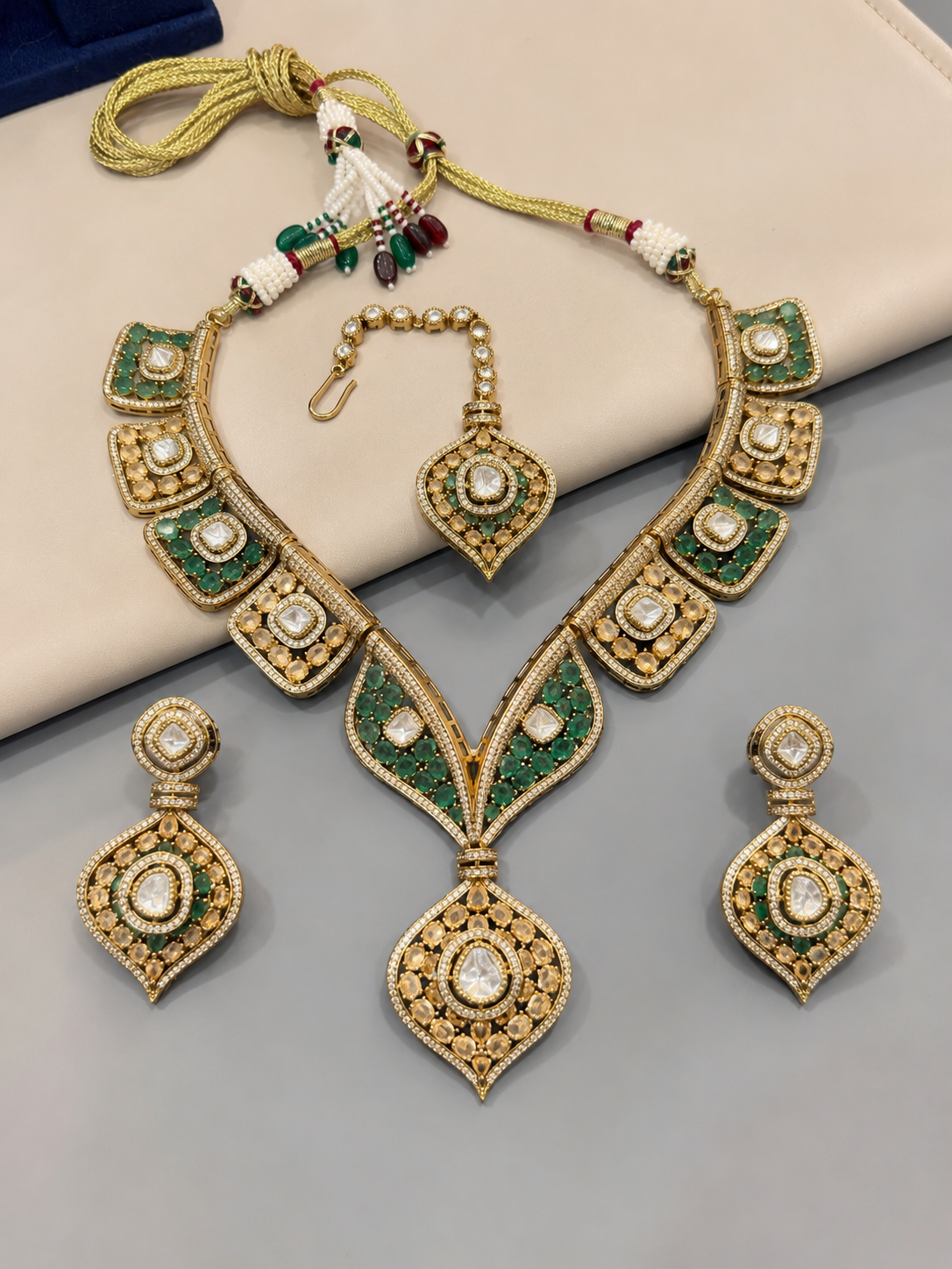 Moissanite Polki Stone Necklace Set with Earrings and Maang Tikka