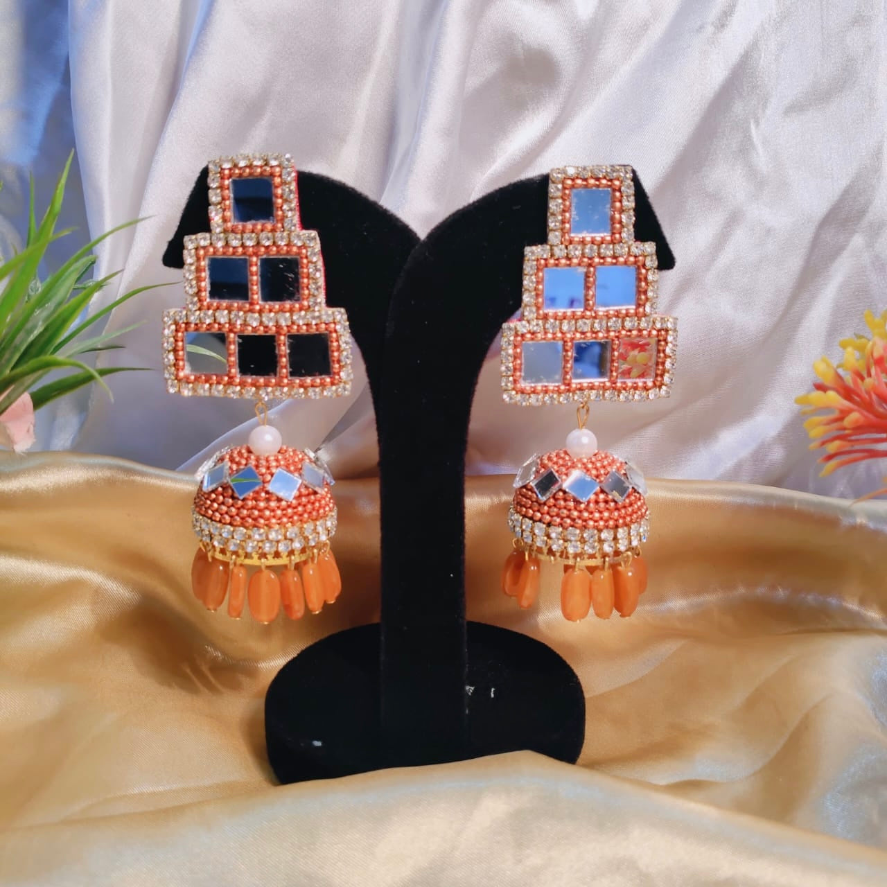 Beaded Jhumka earrings - Orange image