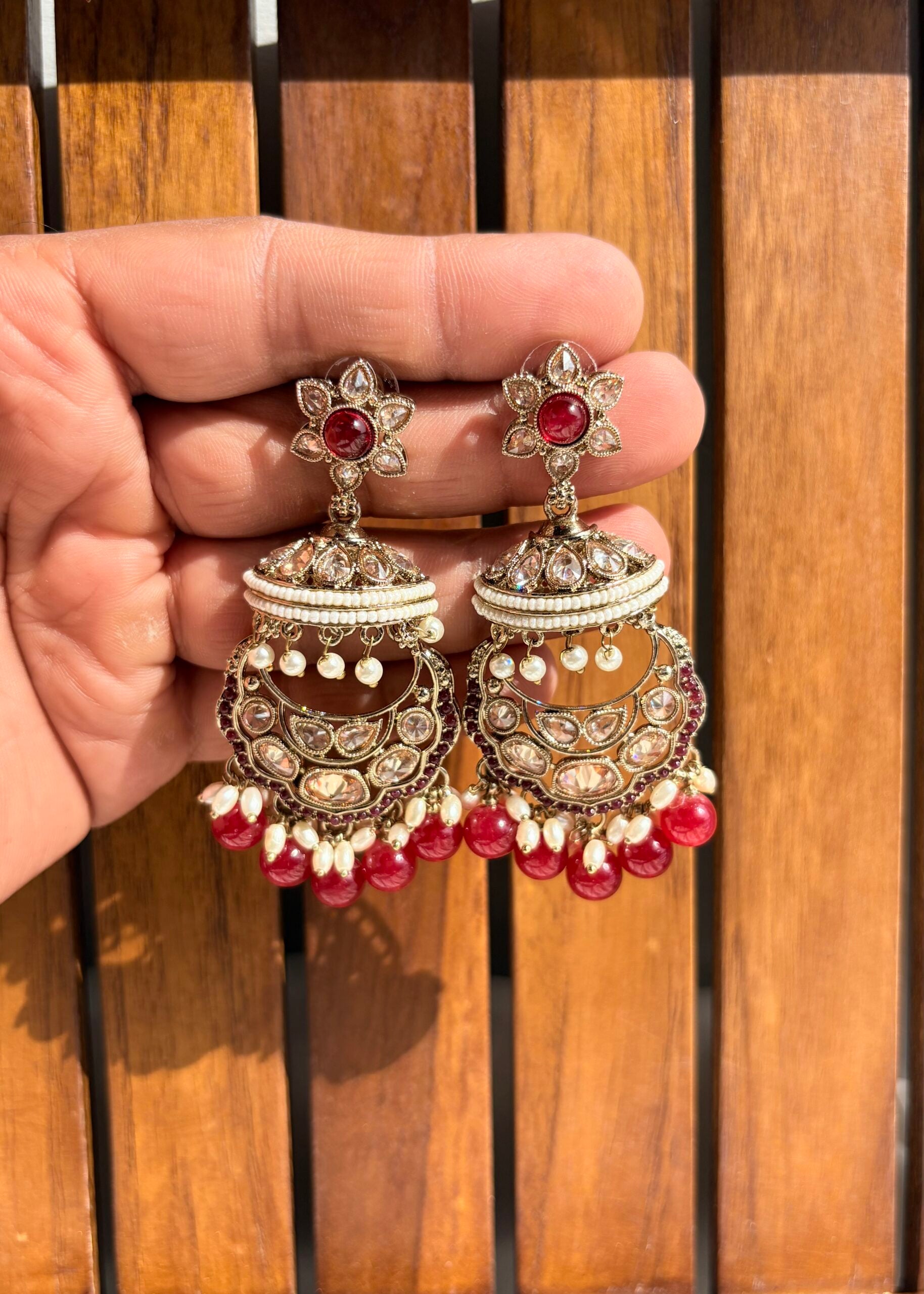Polki jhumka earrings - Red image