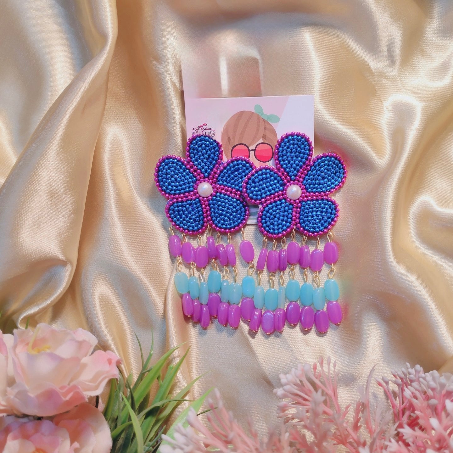 Flower Drops Earrings - blue image
