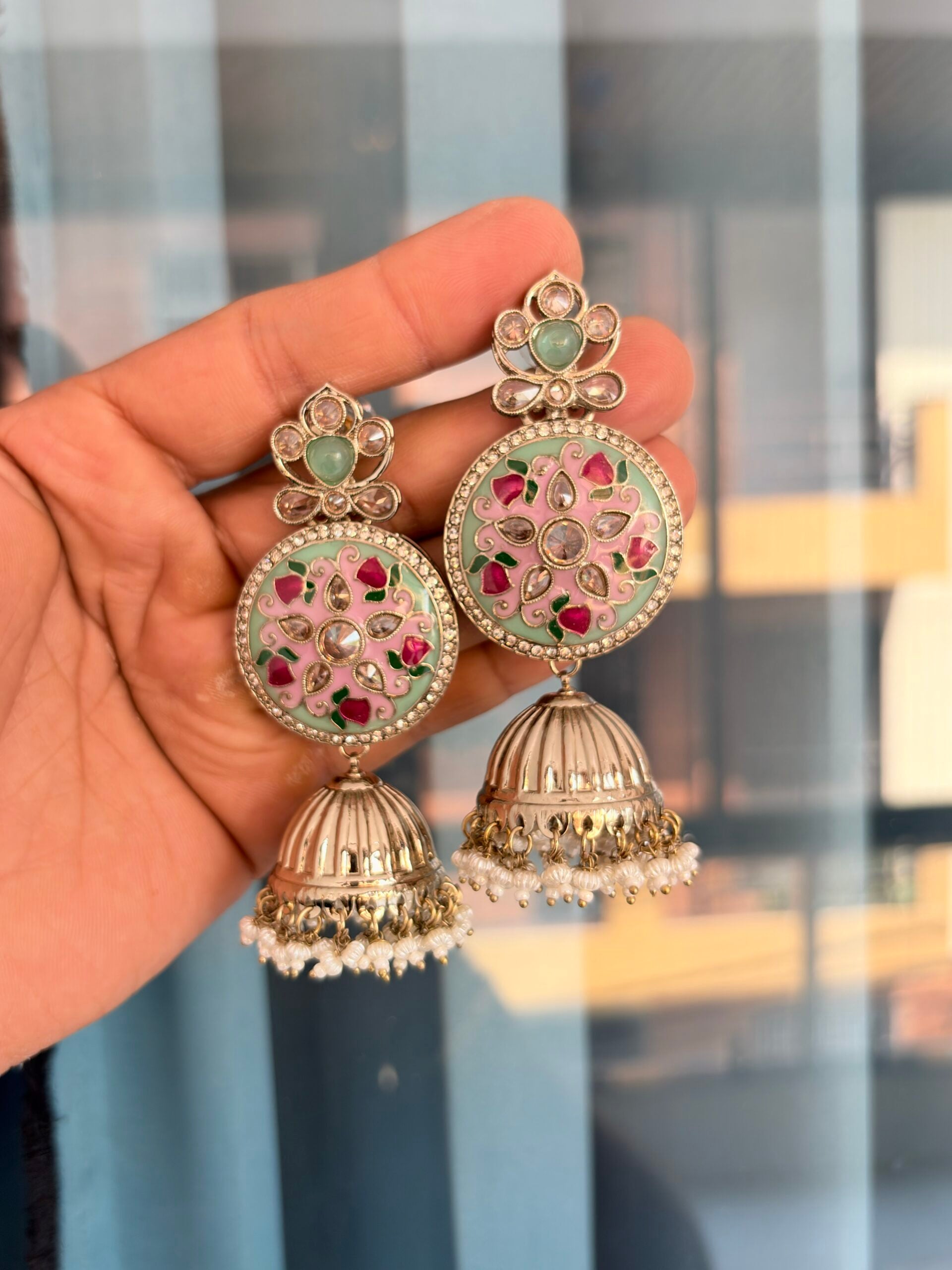 Meenakari jhumka earrings - Mint-pink image