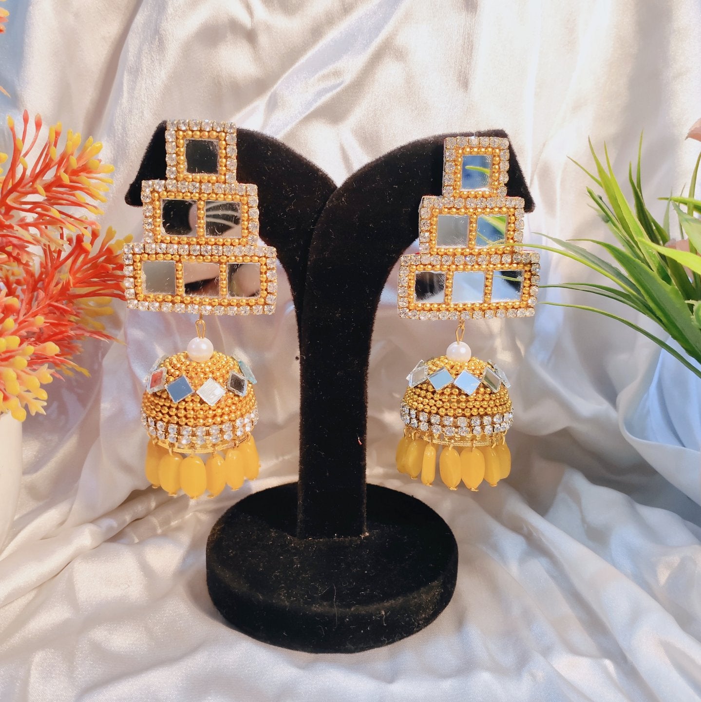 Beaded Jhumka earrings - Yellow image