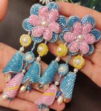 Flower drop earrings - pink and blue image
